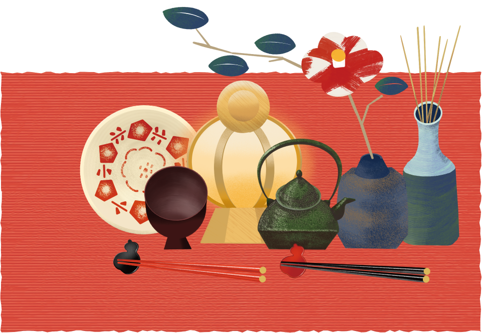KOGEI WALK 2026 メインビジュアル。赤い布の上に並ぶ皿・鉄瓶・花器などの工芸品